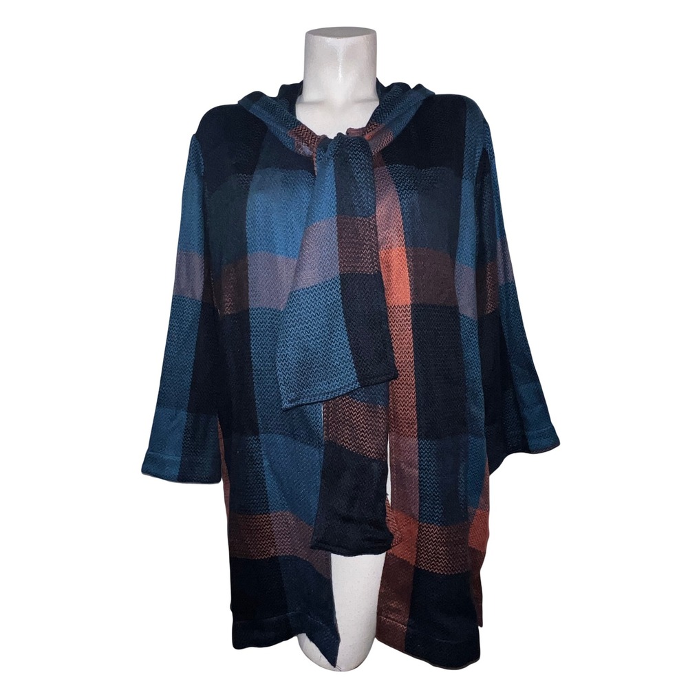 Soft Surroundings Womens Plaid Knit Scarf Neck Cardigan Wrap Blue Orange M 3EM87